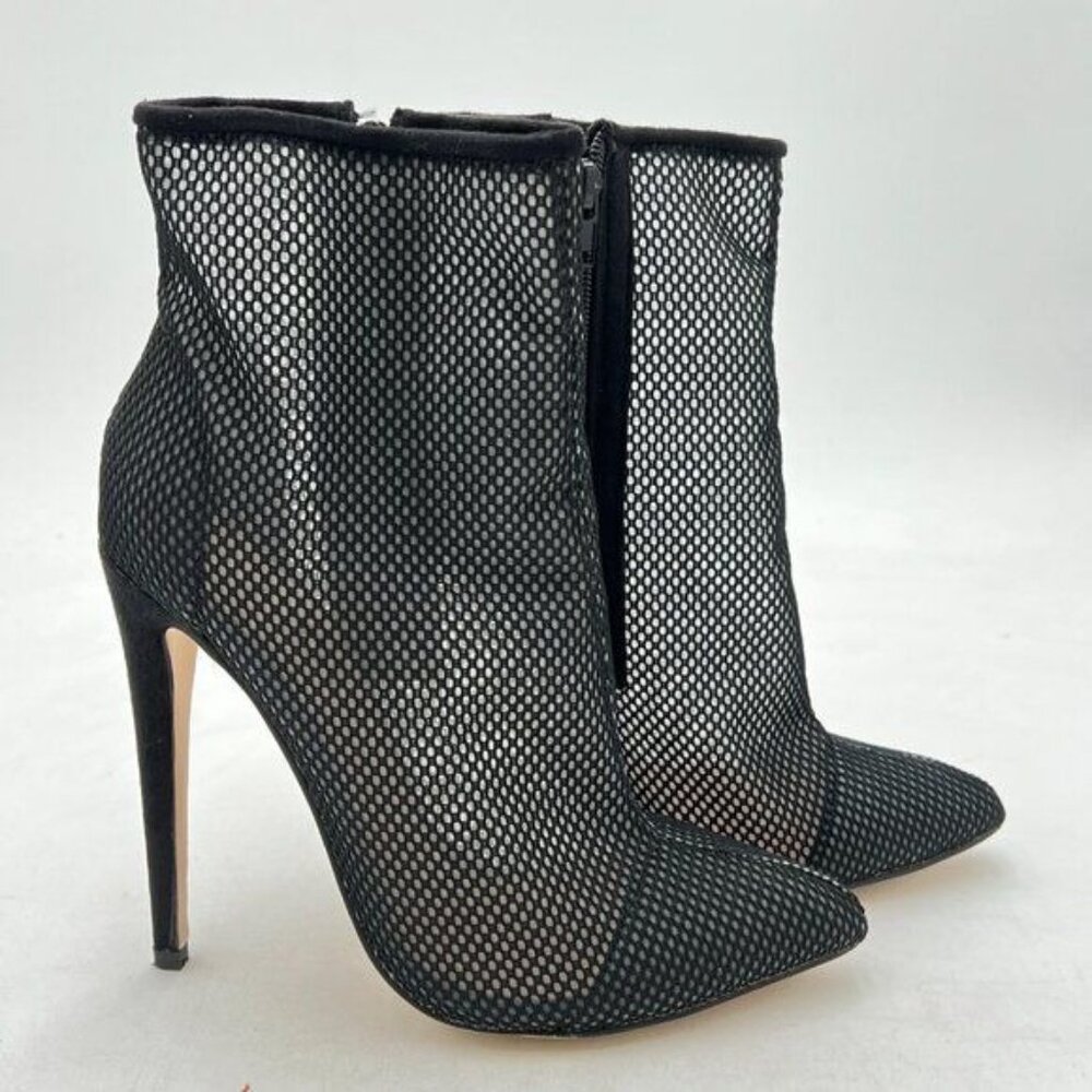 FSJ Black Mesh High Heel Ankle Boots Closed Pointed Toe Stilettos Shoes - Picture 4 of 8